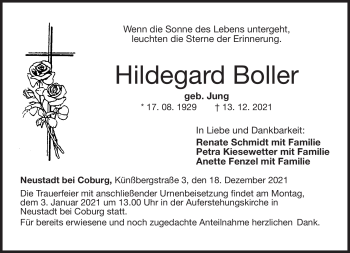 Traueranzeige von Hildegard Boller von Neue Presse Coburg