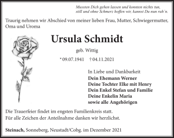 Traueranzeige von Ursula Schmidt von Südthüringer Presse