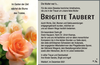Traueranzeige von Brigitte Taubert von Südthüringer Presse