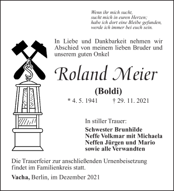 Traueranzeige von Roland Meier von Südthüringer Presse