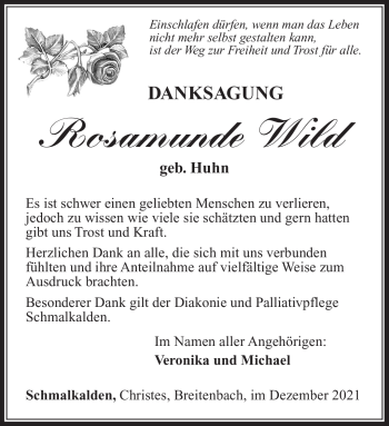 Traueranzeige von Rosamunde Wild von Südthüringer Presse