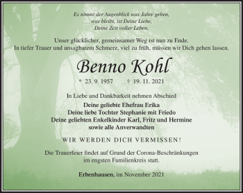 Traueranzeige von Benno Kohl von Südthüringer Presse