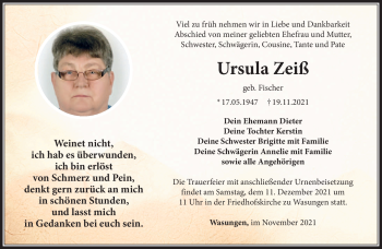 Traueranzeige von Ursula Zeiß von Südthüringer Presse