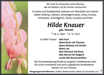 Traueranzeige von Hilde Knauer von Südthüringer Presse