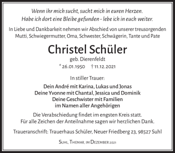 Traueranzeige von Christel Schüler von Südthüringer Presse