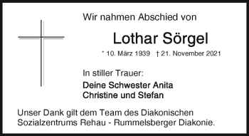 Traueranzeige von Lothar Sörgel von Frankenpost
