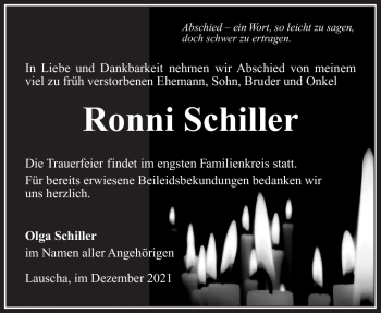 Traueranzeige von Ronni Schiller von Südthüringer Presse