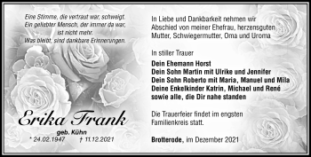 Traueranzeige von Erika Frank von Südthüringer Presse