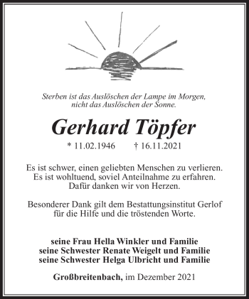 Traueranzeige von Gerhard Töpfer von Südthüringer Presse