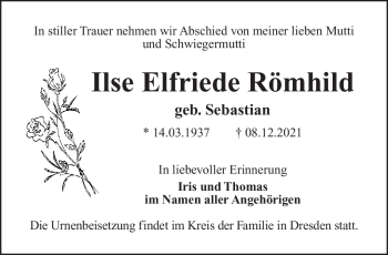 Traueranzeige von Ilse Elfriede Römhild von Südthüringer Presse