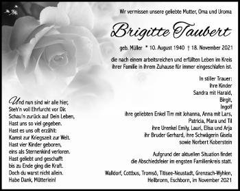 Traueranzeige von Brigitte Taubert von Südthüringer Presse