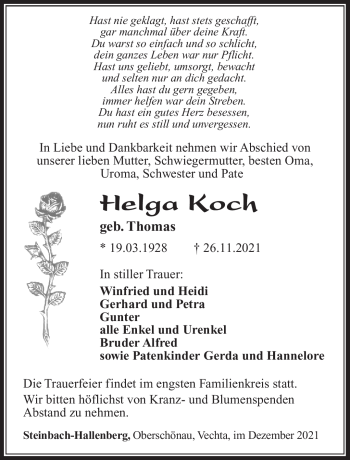 Traueranzeige von Helga Koch von Südthüringer Presse