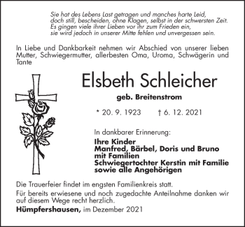 Traueranzeige von Elsbeth Schleicher von Südthüringer Presse