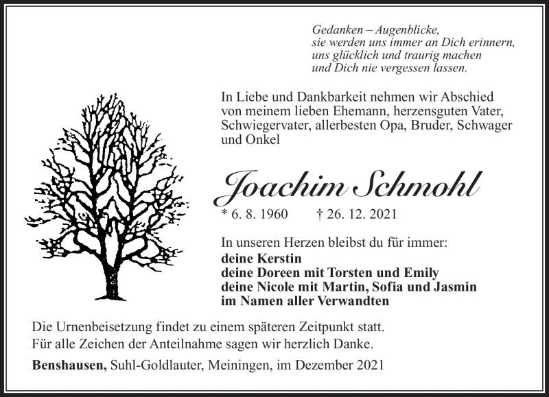  Traueranzeige für Joachim Schmohl vom 31.12.2021 aus Südthüringer Presse