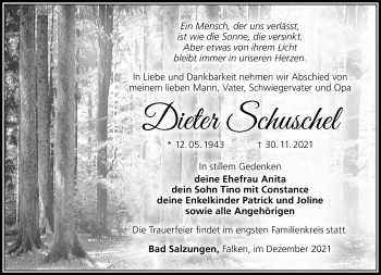 Traueranzeige von Dieter Schusel von Südthüringer Presse