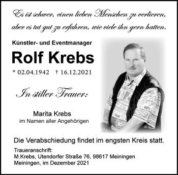 Traueranzeige von Rolf Krebs von Südthüringer Presse