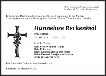Traueranzeige von Hannelore Reckenbeil von Südthüringer Presse