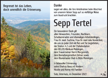 Traueranzeige von Sepp Tertel von Südthüringer Presse