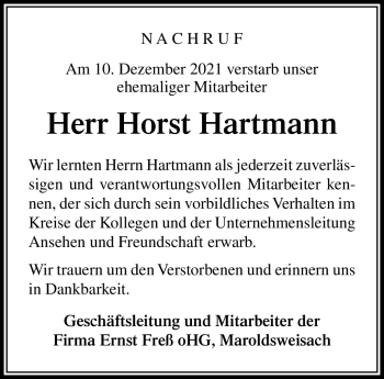 Traueranzeige von Horst Hartmann von Neue Presse Coburg