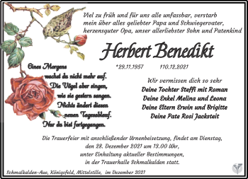 Traueranzeige von Herbert Benedikt von Südthüringer Presse