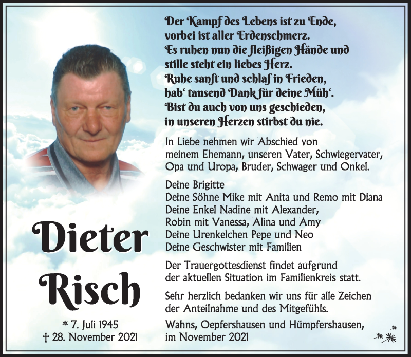  Traueranzeige für Dieter Risch vom 03.12.2021 aus Südthüringer Presse