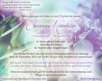 Traueranzeige von Eleonore Hörnlein von Südthüringer Presse
