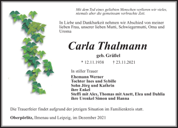 Traueranzeige von Carla Thalmann von Südthüringer Presse