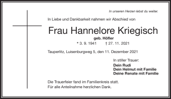 Traueranzeige von Hannelore Kriegisch von Frankenpost