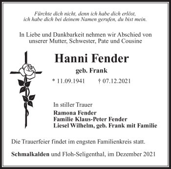 Traueranzeige von Hanni Fender von Südthüringer Presse