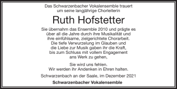 Traueranzeige von Ruth Hofstetter von Frankenpost