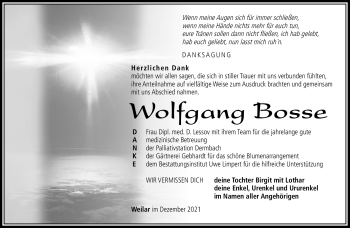 Traueranzeige von Wolfgang Bosse von Südthüringer Presse