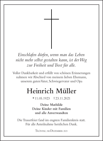Traueranzeige von Heinrich Müller von Frankenpost