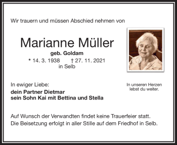 Traueranzeige von Marianne Müller von Frankenpost