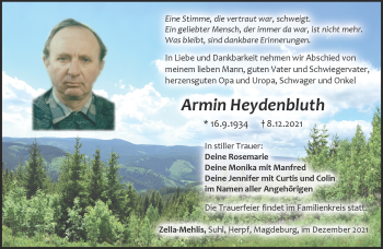 Traueranzeige von Armin Heydenbluth von Südthüringer Presse