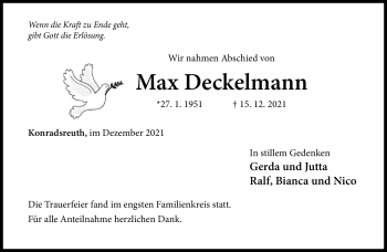 Traueranzeige von Max Deckelmann von Frankenpost
