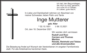 Traueranzeige von Inge Mutterer von Frankenpost