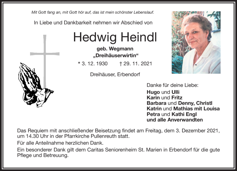  Traueranzeige für Hedwig Heindl vom 01.12.2021 aus Frankenpost
