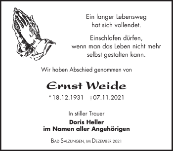 Traueranzeige von Ernst Weide von Südthüringer Presse