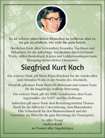 Traueranzeige von Siegfried Koch von Südthüringer Presse
