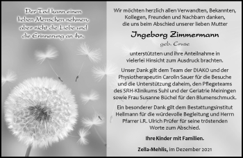 Traueranzeige von Ingeborg Zimmermann von Südthüringer Presse