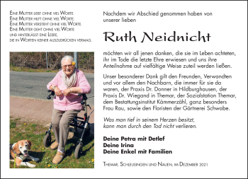 Traueranzeige von Ruth Neidnicht von Südthüringer Presse