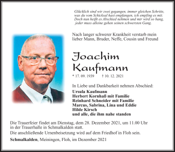 Traueranzeige von Joachim Kaufmann von Südthüringer Presse