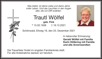 Traueranzeige von Trautl Wölfel von Frankenpost