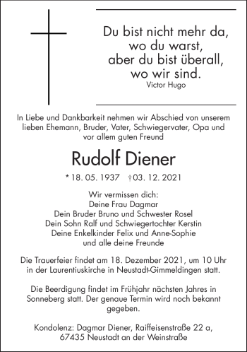 Traueranzeige von Rudolf Diener von Südthüringer Presse