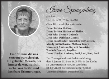 Traueranzeige von Irene Spangenberg von Südthüringer Presse