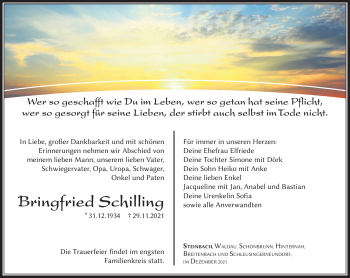 Traueranzeige von Bringfried Schilling von Südthüringer Presse