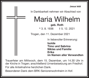 Traueranzeige von Maria Wilhelm von Frankenpost