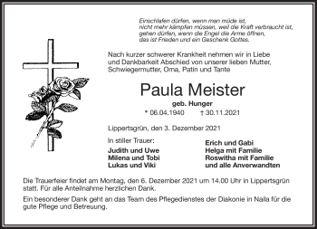 Traueranzeige von Paula Meister von Frankenpost