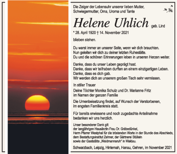 Traueranzeige von Helene Uhlich von Südthüringer Presse