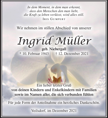 Traueranzeige von Ingrid Müller von Südthüringer Presse